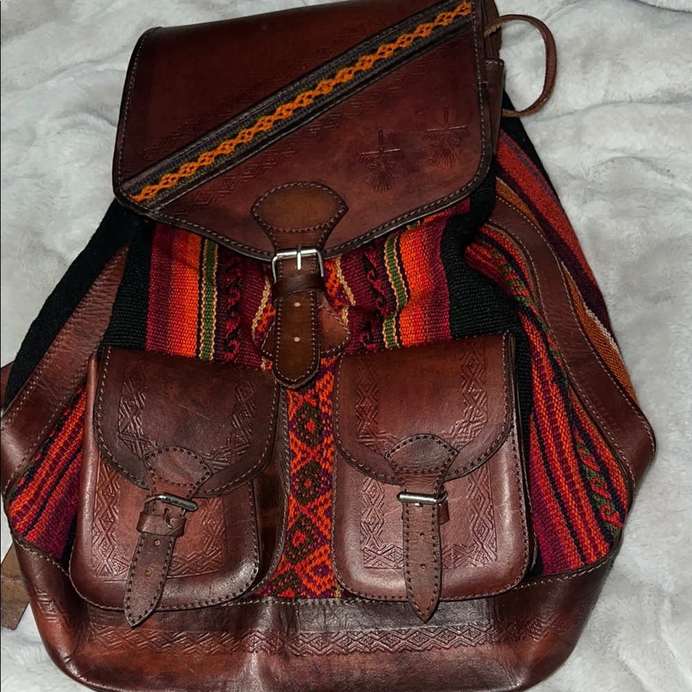 Handcrafted Leather Backpack With Multicolor Stri… - image 1